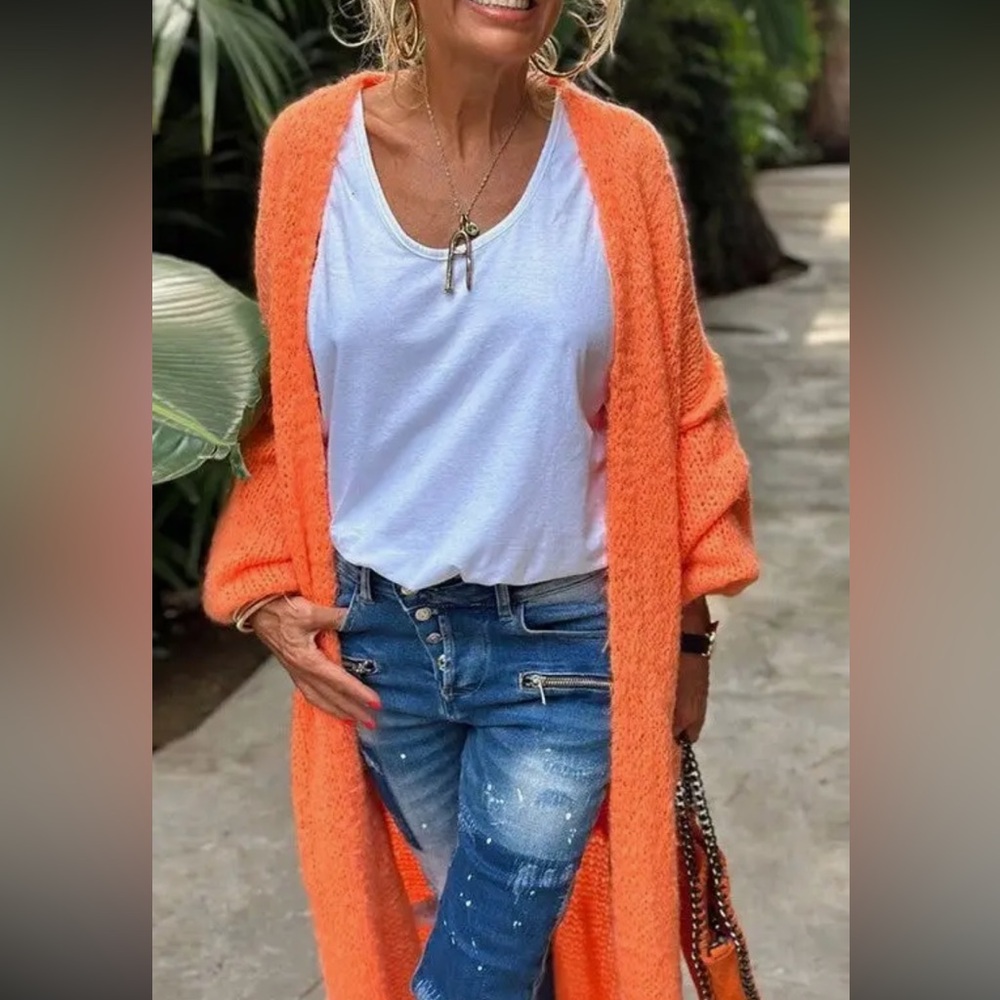1093.  Love Peace Exposed Seam Sweater Long Cardigan - Orange - Picture 4 of 4